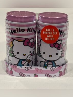 Sanrio Hello Kitty Salt And Pepper Shaker Set With Holder – Pink Tin Metal New